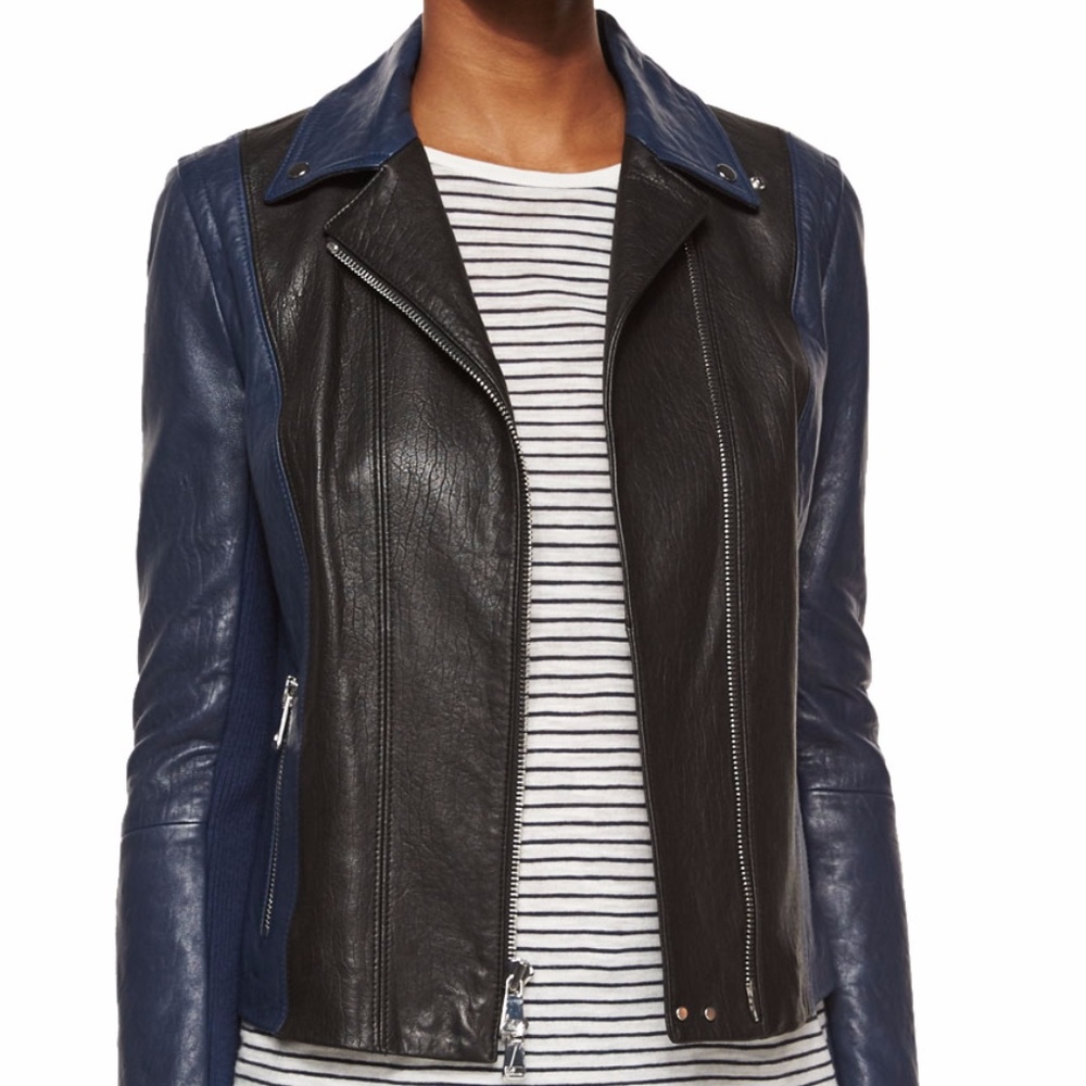 Vince Asymmetric Colorblock Blue Leather Jacket XS